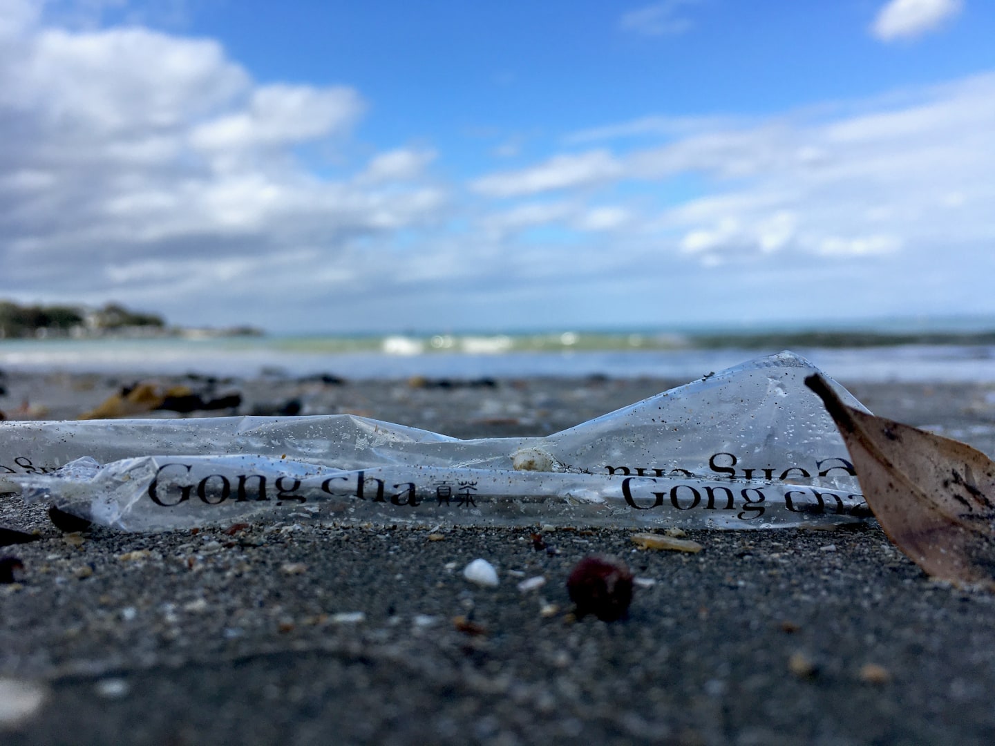A piece of soft plastic (LDPE) from food packaging lying on the beach.